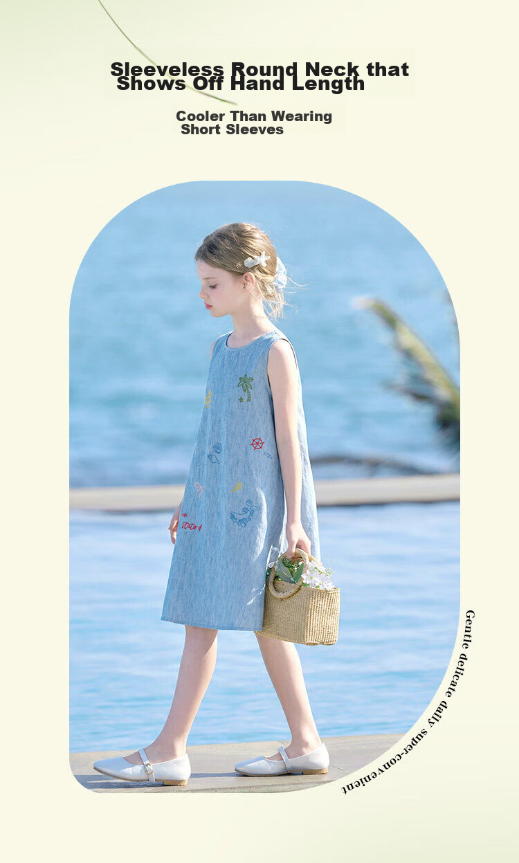 CHANZUIGOU Girls' Tencel Linen Denim Dress 2026 Summer New Elegant Printed Sleeveless Dress 7